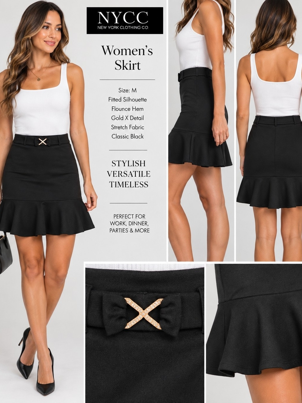 NYC Black Mini Skirt with Gold X Belt Accent